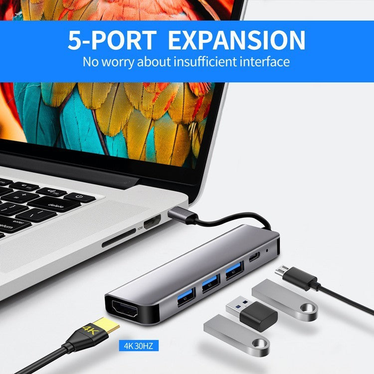 USB Type C to HDMI 4K, 3 x USB 3.0, 1 x USB-C Port, 5 in 1 Adapter