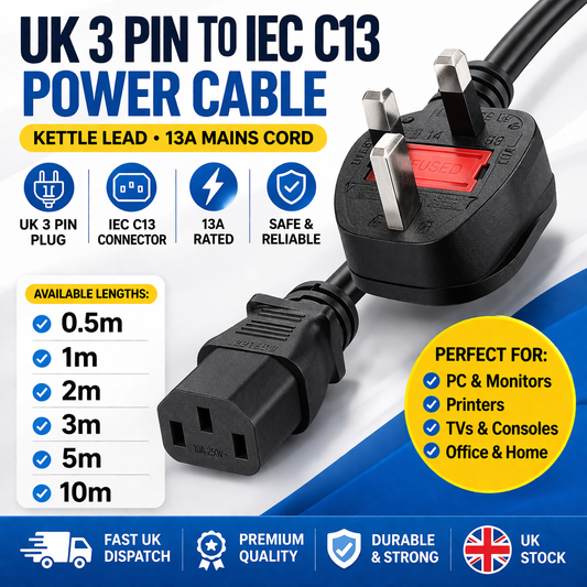 UK 3 Pin Power Cable IEC C13 Kettle Lead 13A Mains Cord for PC Monitor TV Printer (0.5m–10m)